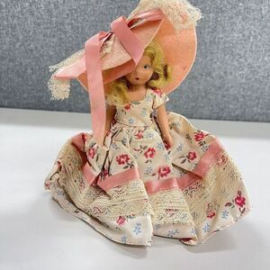 Vintage 40s Nancy Ann Bisque Storybook Doll Blonde‎ Curly Lace Pink Floral Dress